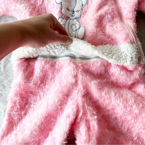 VINTAGE Pink Fuzzy Hooded Onesie with Teddy Bear - Picture 5 of 11